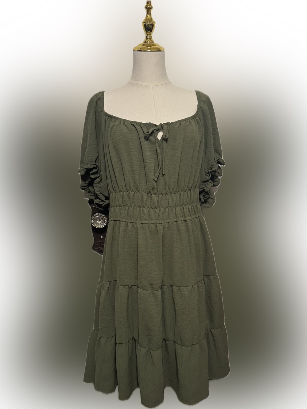 Liberty Love Olive Green Tiered Puff Sleeve Dress
